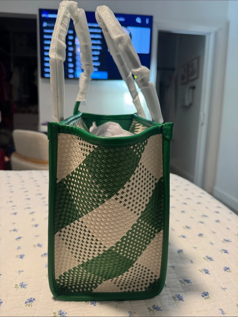 kate spade Green and White Woven Checker Large Tote